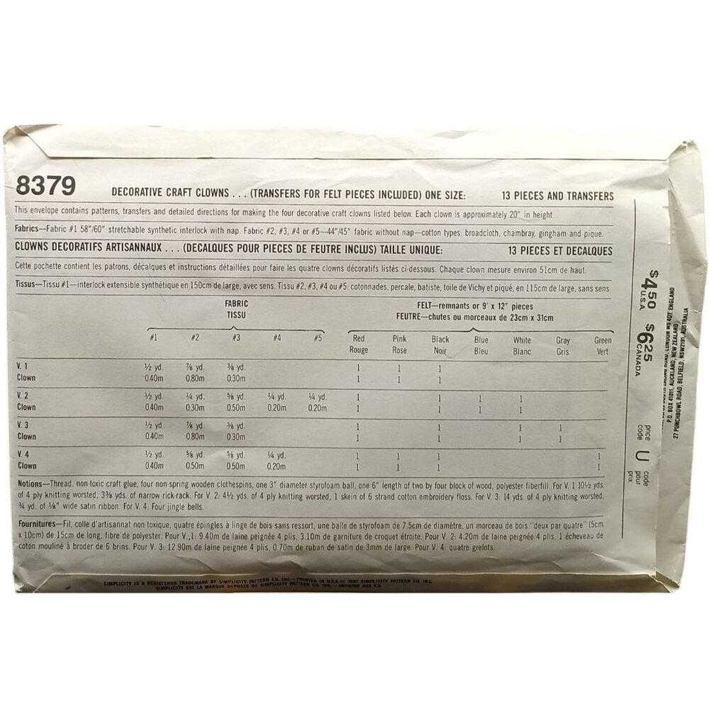 Simplicity Crafts 8379 Sewing Pattern Decorative Clown Costumes One Size Vintage - Picture 2 of 2